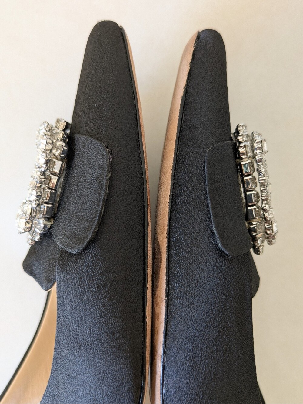 Badgley Mischka Crystal Slingback Low Heels Black Satin Block Heel Point Toe 8.5 - Picture 8 of 17